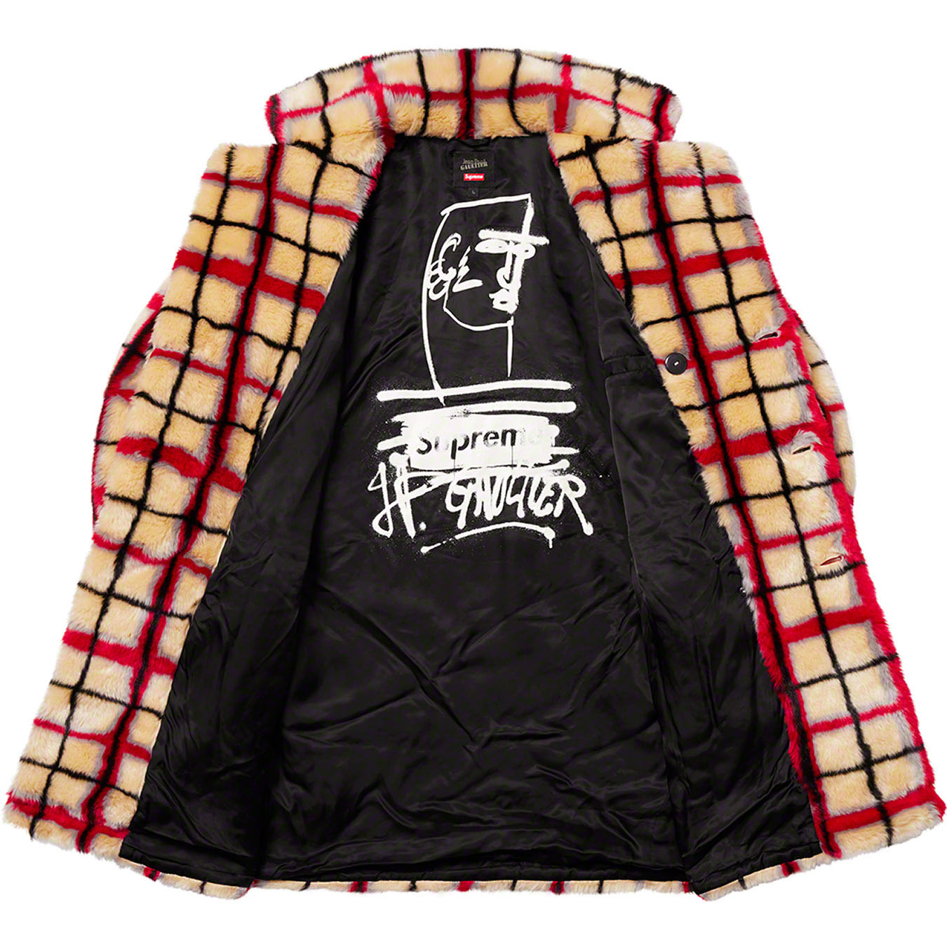 Supreme®/Jean Paul Gaultier® Double Breasted Plaid Faux Fur Coat 