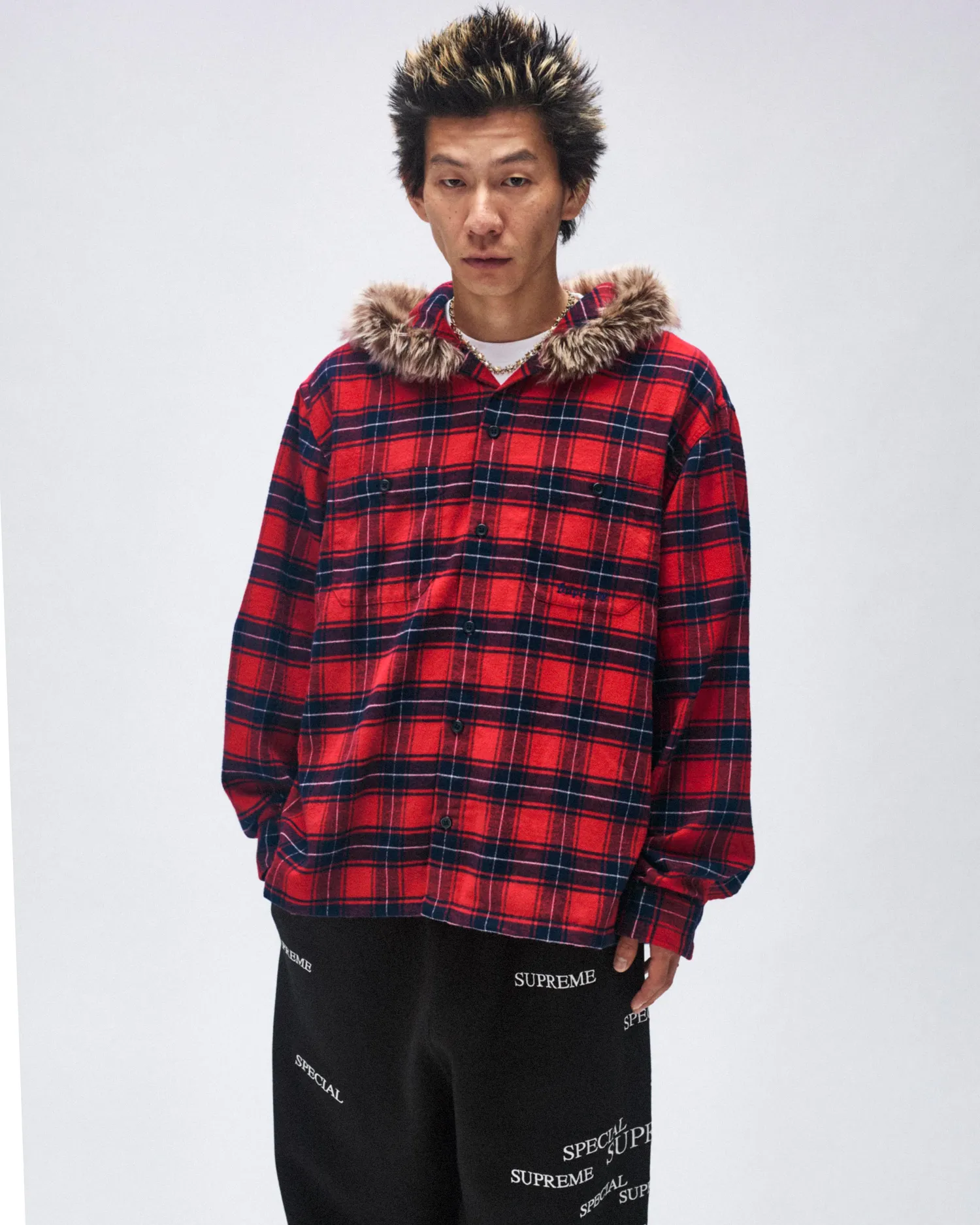 Supreme Fur Trim Flannel Hooded Shirt