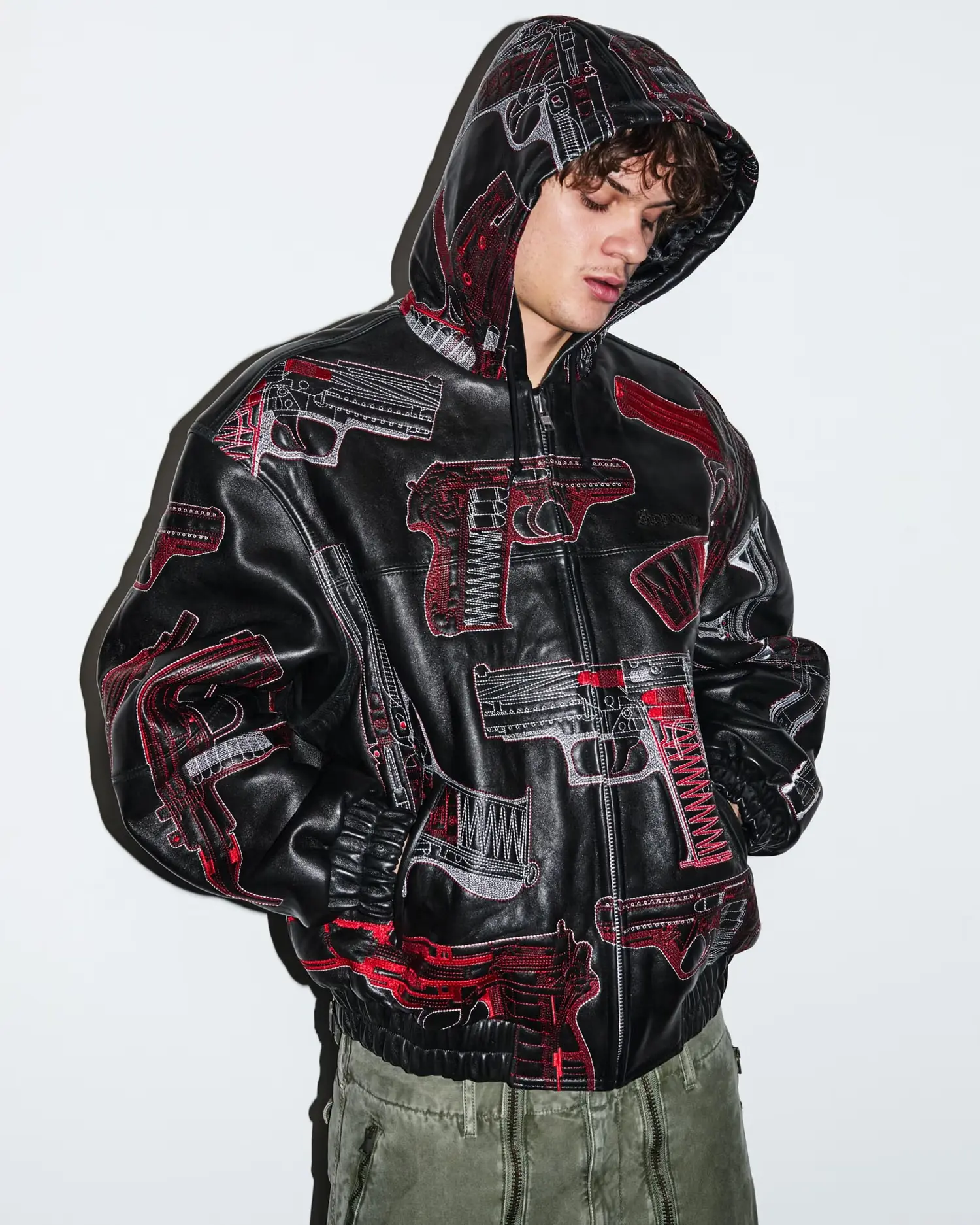 Supreme Supreme Guns Embroidered Hooded Leather Jacket