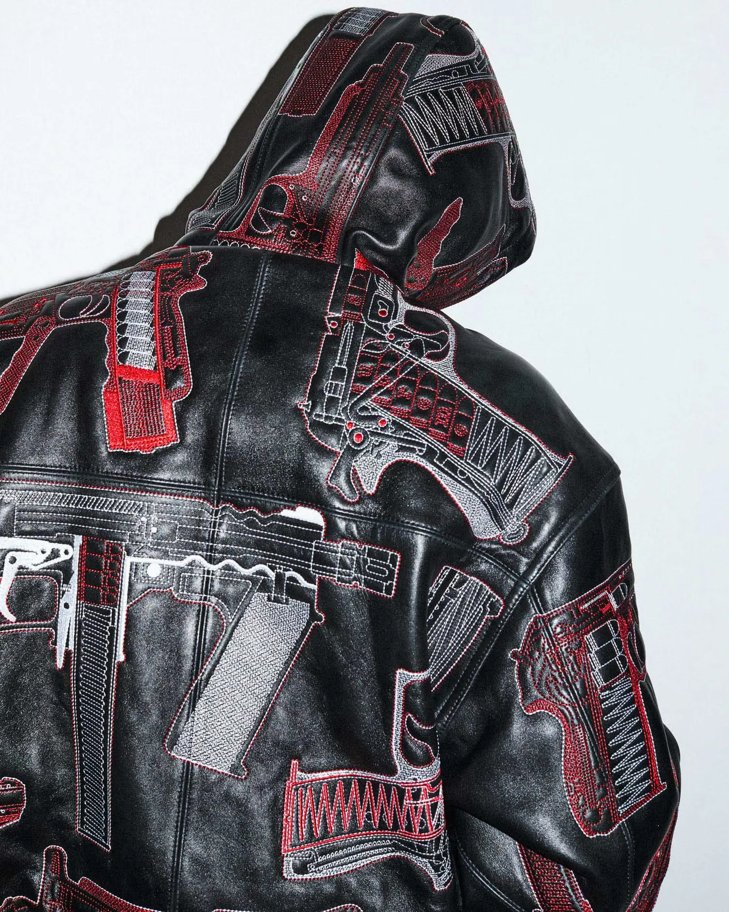 Supreme Supreme Guns Embroidered Hooded Leather Jacket