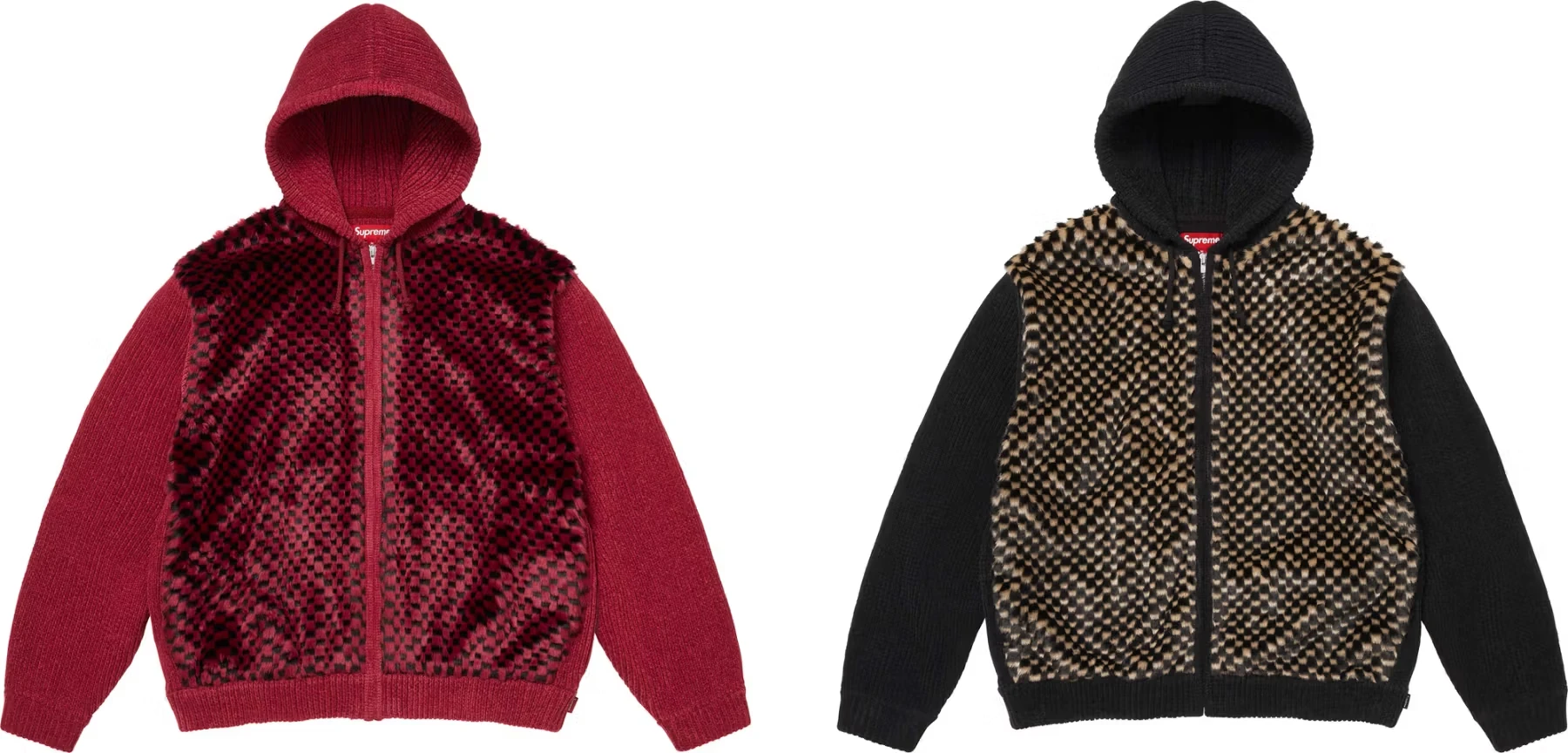 Supreme Checkerboard Faux Fur Zip Up Hooded Sweater